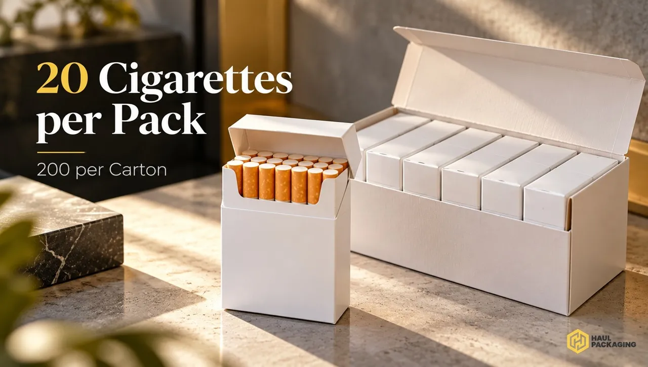 Standard cigarette pack containing 20 cigarettes with a carton of 200 cigarettes