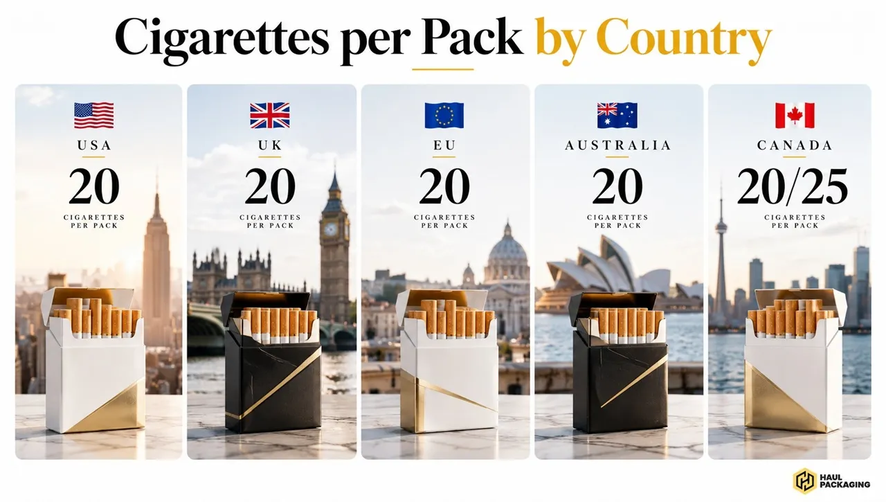 Cigarettes per pack by country showing pack sizes in the USA, UK, Europe, Australia and Canada