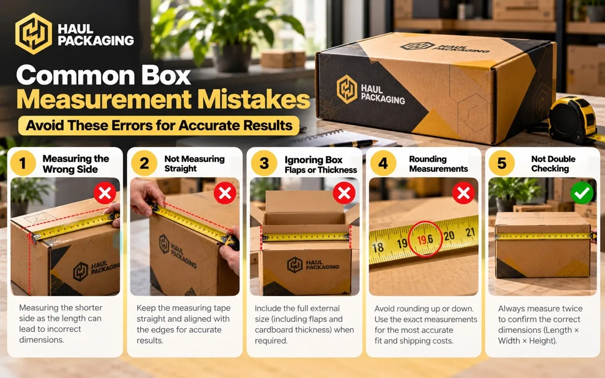 Common box measurement mistakes to avoid, including measuring the wrong side, misaligned tape, ignoring cardboard thickness, rounding dimensions, and not double-checking measurements.