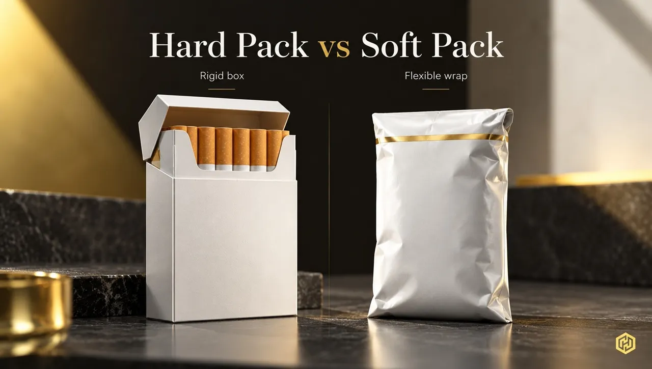 Hard pack vs soft pack cigarette packaging comparison showing rigid cardboard and flexible wrapping
