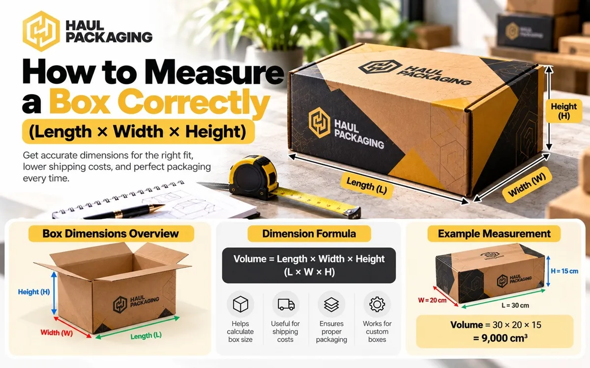 How to measure a box correctly using length, width, and height, illustrated with a premium custom-printed Haul Packaging box and measurement arrows.